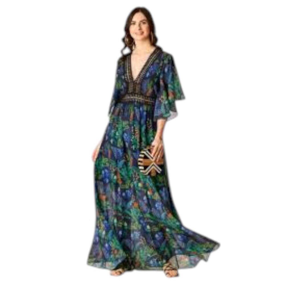 eShakti Plunge Tropical Leopard Animal Print Short Sleeve Caftan Maxi Dress